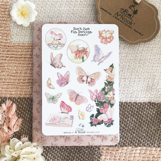 Our Butterflies sticker sheet filled with bright and soft colors is refreshing and calming to look at and perfect for those who love butterflies, flowers & nature. It will be a feel-good touch to your aesthetic bullet journal or scrapbook.