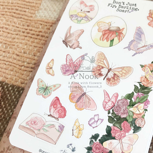 Our Butterflies sticker sheet filled with bright and soft colors is refreshing and calming to look at and perfect for those who love butterflies, flowers & nature. It will be a feel-good touch to your aesthetic bullet journal or scrapbook.