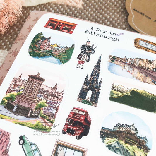 Wanderlust & city dust. A Day in Edinburgh  Journal your beautiful memories with Edinburgh. This sticker sheet will make your travel more personal, memorable and special. It will also make a perfect gift for your loved ones who love this beautiful city.