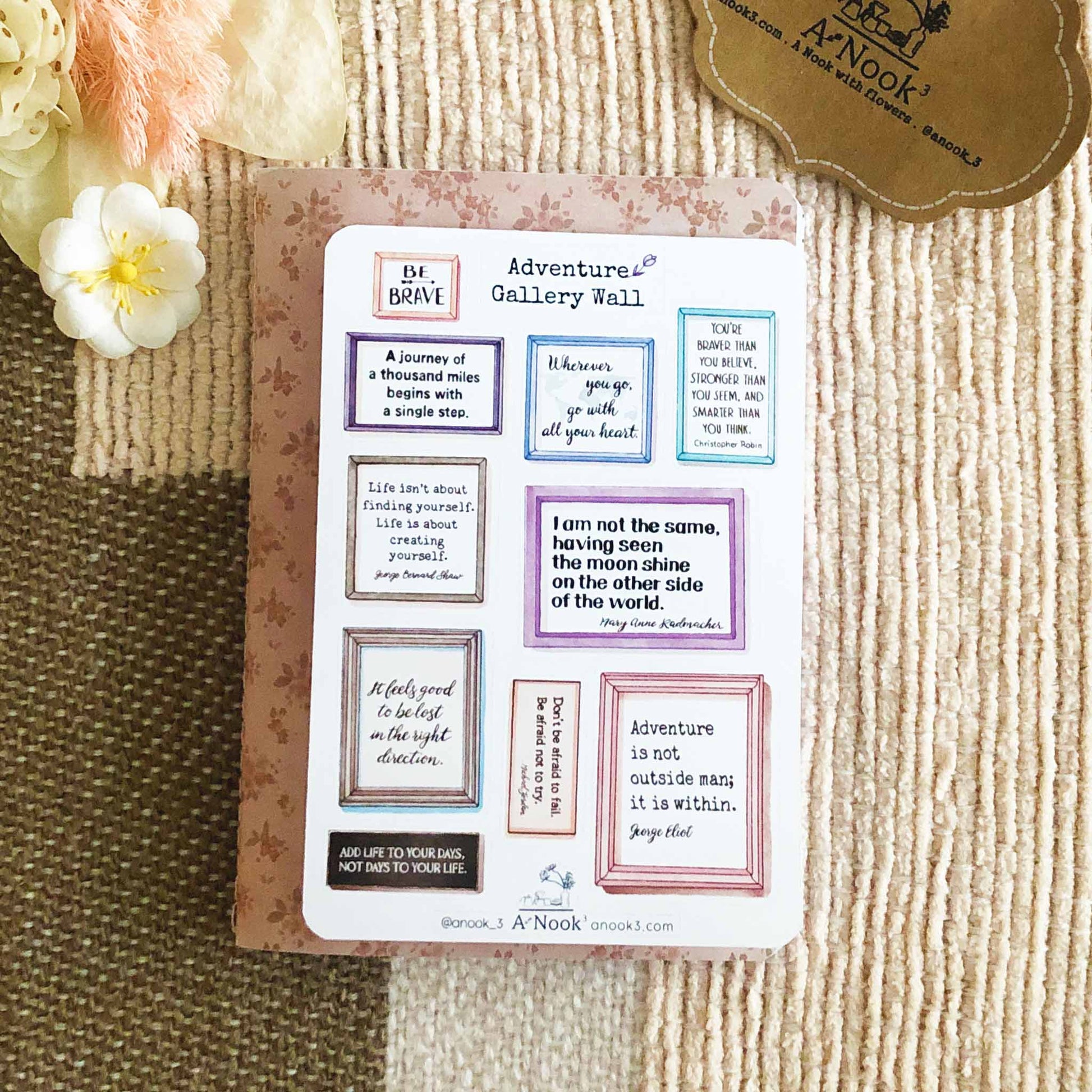 This sticker sheet is filled with inspirational adventure quotes in frames in gallery wall art style. It will be a great addition to your travel journal or bullet journal and also make a great gift for those who are free-spirited and love adventures.