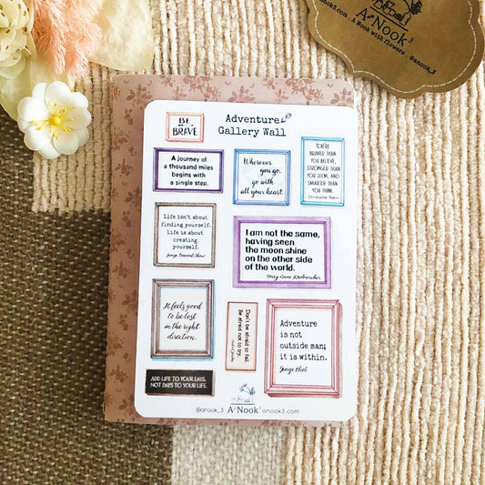 This sticker sheet is filled with inspirational adventure quotes in frames in gallery wall art style. It will be a great addition to your travel journal or bullet journal and also make a great gift for those who are free-spirited and love adventures.