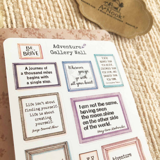 This sticker sheet is filled with inspirational adventure quotes in frames in gallery wall art style. It will be a great addition to your travel journal or bullet journal and also make a great gift for those who are free-spirited and love adventures.