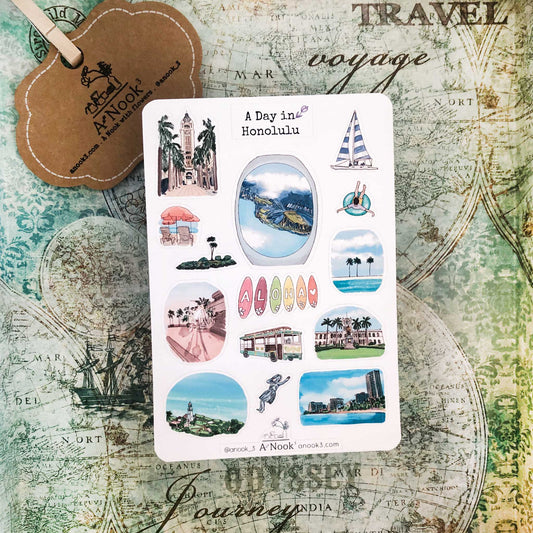 Honolulu's beautiful scenery and attractions are illustrated with vibrant colors on our Honolulu sticker sheet and they will be an exciting addition to your travel journal!  It will also make a perfect gift for your loved ones who love this beautiful city.