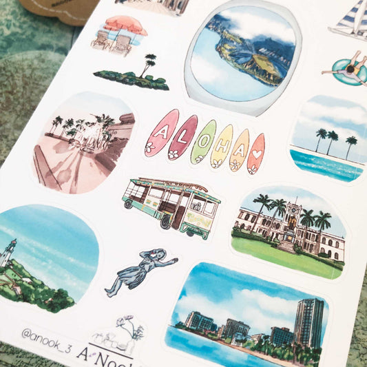 Honolulu's beautiful scenery and attractions are illustrated with vibrant colors on our Honolulu sticker sheet and they will be an exciting addition to your travel journal!  It will also make a perfect gift for your loved ones who love this beautiful city.