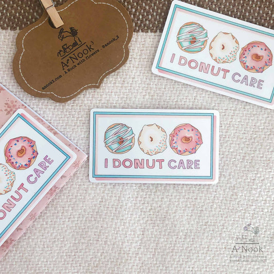 Our I DONUT CARE die-cut weatherproof sticker is hand drawn in watercolor and will be a lovely touch to your laptop, phone case, suitcase, mirror, planners, bullet Journal or notebook They will also make a cute little gift for your loved ones who love donuts!