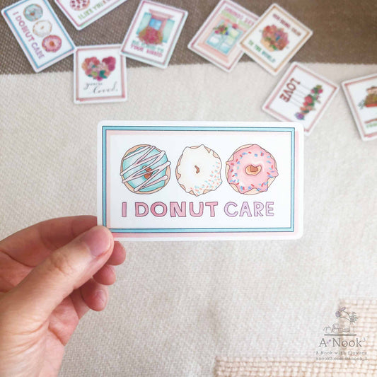 Our I DONUT CARE die-cut weatherproof sticker is hand drawn in watercolor and will be a lovely touch to your laptop, phone case, suitcase, mirror, planners, bullet Journal or notebook They will also make a cute little gift for your loved ones who love donuts!