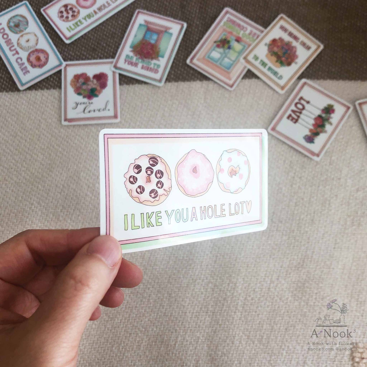 Our I like you a hole lot DONUTs die-cut weatherproof stickers are hand drawn in watercolor and will be a lovely touch to your laptop, phone case, suitcase, mirror, planners, bullet Journal or notebook