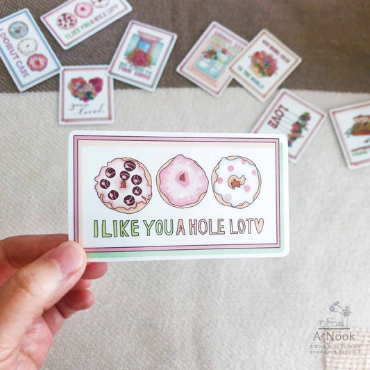 Our I like you a hole lot DONUTs die-cut weatherproof stickers are hand drawn in watercolor and will be a lovely touch to your laptop, phone case, suitcase, mirror, planners, bullet Journal or notebook