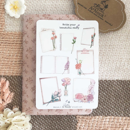 Our Journal with flowers sticker sheet filled with bright and soft colors is refreshing and calming to look at and will be a warm touch to your aesthetic bullet journal or scrapbook.