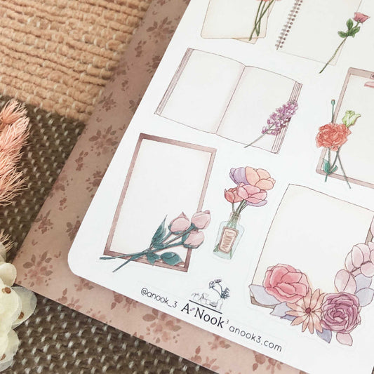 Our Journal with flowers sticker sheet filled with bright and soft colors is refreshing and calming to look at and will be a warm touch to your aesthetic bullet journal or scrapbook.