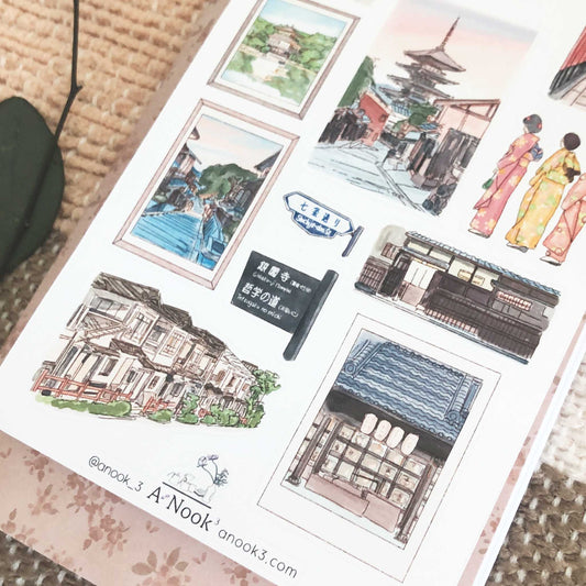 Kyoto's attractions and streets are beautifully illustrated in watercolor style on our travel sticker sheet and it will make your travel journal more real, personal, and exciting.