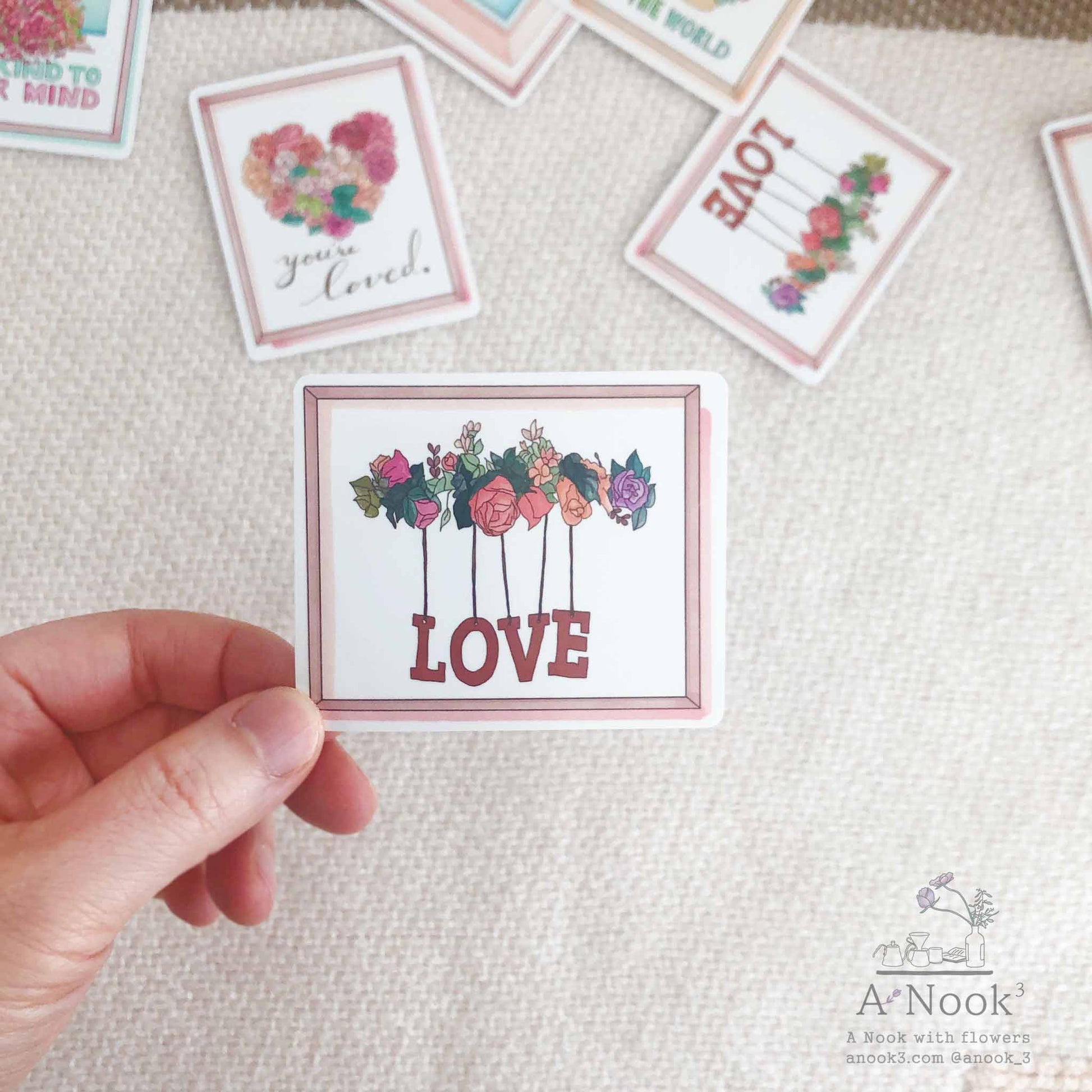 Our You are loved & LOVE die-cut weatherproof stickers are hand drawn in watercolor and will be a lovely touch to your laptop, phone case, suitcase, mirror, planners, bullet Journal or notebook