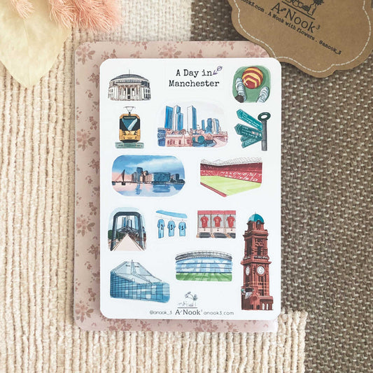 Manchester, Home to world-famous football, is illustrated with vibrant colors on our sticker sheet and they will be an exciting addition to your travel journal!  It will also make a perfect gift for your loved ones who love this exciting city.