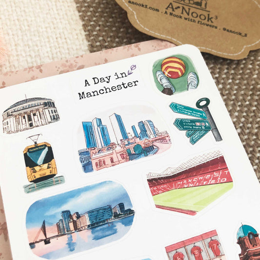 Manchester, Home to world-famous football, is illustrated with vibrant colors on our sticker sheet and they will be an exciting addition to your travel journal!  It will also make a perfect gift for your loved ones who love this exciting city.