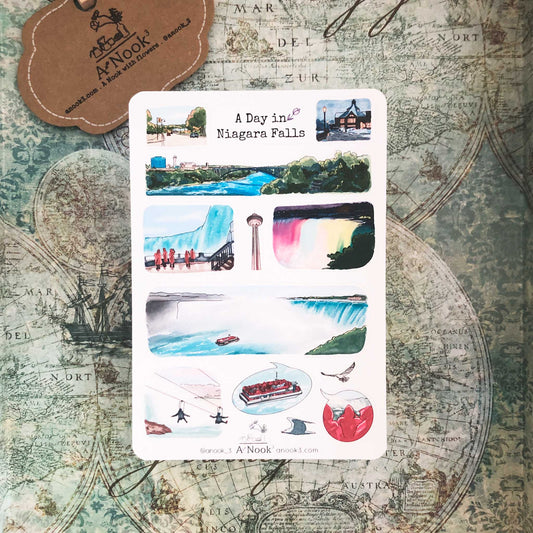 Niagara Falls is beautifully illustrated with vibrant colors on our travel sticker sheet. Journal your beautiful memories of Niagara Falls with our stickers!