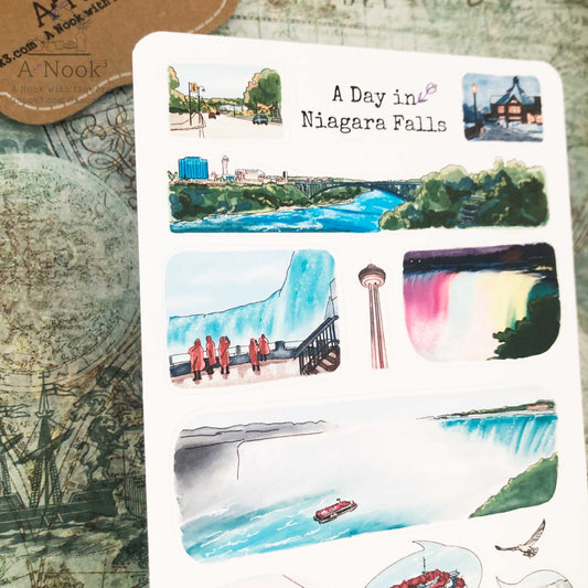 Niagara Falls is beautifully illustrated with vibrant colors on our travel sticker sheet. Journal your beautiful memories of Niagara Falls with our stickers!