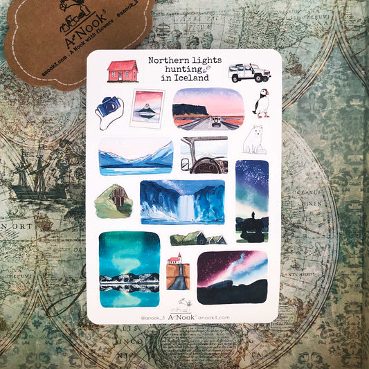 Magical northern lights are beautifully illustrated on our travel sticker sheet and it will make your travel journal more real, personal, and exciting. It will also make a perfect gift for your loved ones who love nature, adventures and road trips.