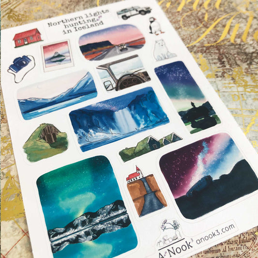 Magical northern lights are beautifully illustrated on our travel sticker sheet and it will make your travel journal more real, personal, and exciting. It will also make a perfect gift for your loved ones who love nature, adventures and road trips.