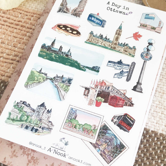 Ottawa is beautifully illustrated with soft and bright colors on our travel sticker sheet. Journal your beautiful memories of Ottawa with our stickers!