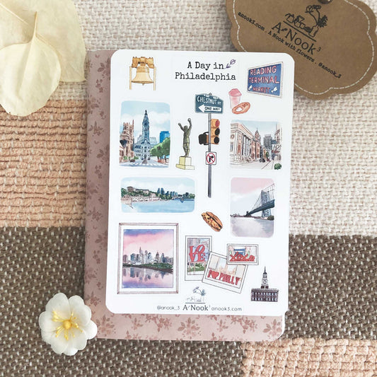 Philadelphia is beautifully illustrated with soft and bright colors on our travel sticker sheet. Journal your beautiful memories with Philadelphia with our stickers!  This sticker sheet will make your travel more personal, memorable and special.