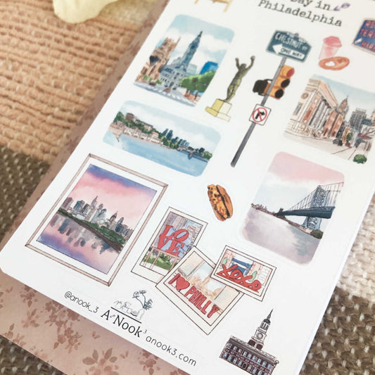 Philadelphia is beautifully illustrated with soft and bright colors on our travel sticker sheet. Journal your beautiful memories with Philadelphia with our stickers!  This sticker sheet will make your travel more personal, memorable and special.