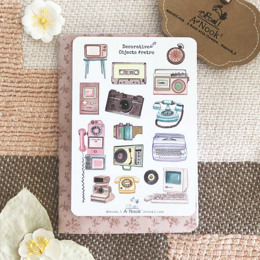 Our Retro Decorative Objects sticker sheet filled with soft and bright colors is fun and nostalgic to look at and perfect for those who appreciates retro style. It will be a bright and soft touch to your aesthetic bullet journal or scrapbook.