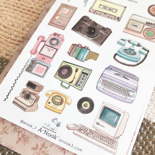 Our Retro Decorative Objects sticker sheet filled with soft and bright colors is fun and nostalgic to look at and perfect for those who appreciates retro style. It will be a bright and soft touch to your aesthetic bullet journal or scrapbook.