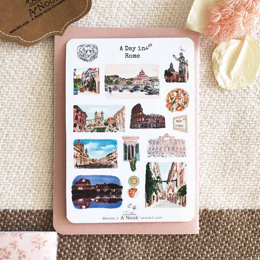 Rome, the 'Eternal City' is the most popular place to visit in Italy. This Rome sticker sheet is filled with its beautiful attractions and streets that will make your memory of Rome more personal, beautiful and special.