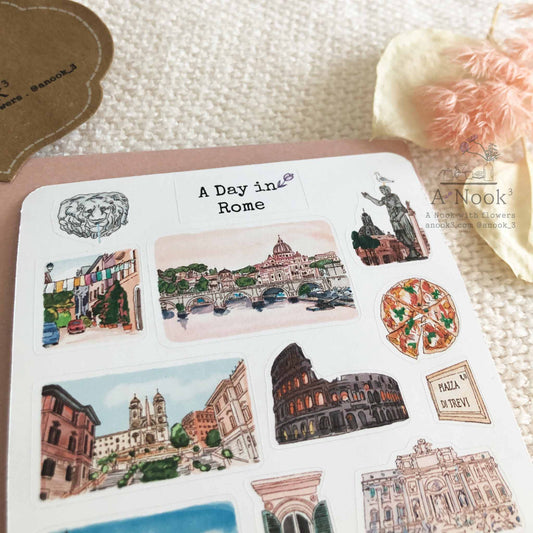 Rome, the 'Eternal City' is the most popular place to visit in Italy. This Rome sticker sheet is filled with its beautiful attractions and streets that will make your memory of Rome more personal, beautiful and special.