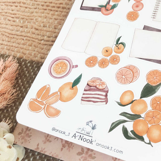 Our Positively Sweet Tangerine sticker sheet is filled with bright tangerine and green colors is refreshing to look at and will be a warm touch to your aesthetic bullet journal or scrapbook.