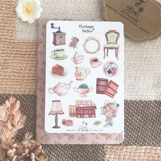 Vintage Cafe sticker sheet delivers warm and soft colors and cafe vibes to your bullet journal, planner or scrapbook. It will also make a little cute gift for your loved ones who love vintage, coffee, books, and journaling!   