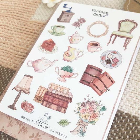 Vintage Cafe sticker sheet delivers warm and soft colors and cafe vibes to your bullet journal, planner or scrapbook. It will also make a little cute gift for your loved ones who love vintage, coffee, books, and journaling!   