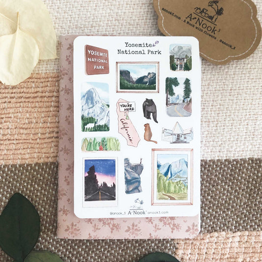 Yosemite National Park in California is beautifully illustrated with soft and bright colors on our travel sticker sheet. Journal your beautiful memories with Yosemite with our stickers!  This sticker sheet will make your travel more personal, memorable and special.