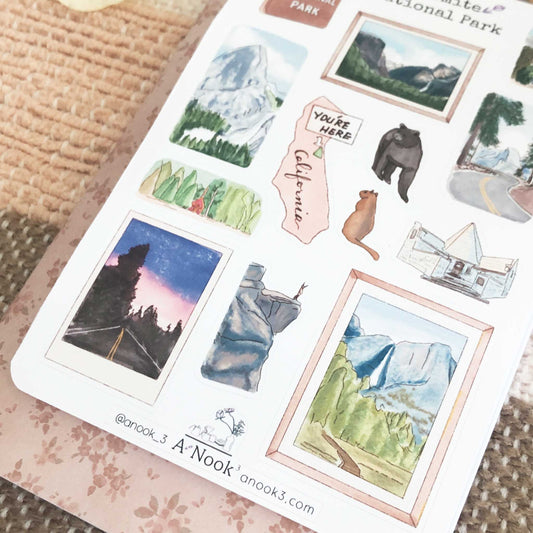 Yosemite National Park in California is beautifully illustrated with soft and bright colors on our travel sticker sheet. Journal your beautiful memories with Yosemite with our stickers!  This sticker sheet will make your travel more personal, memorable and special.