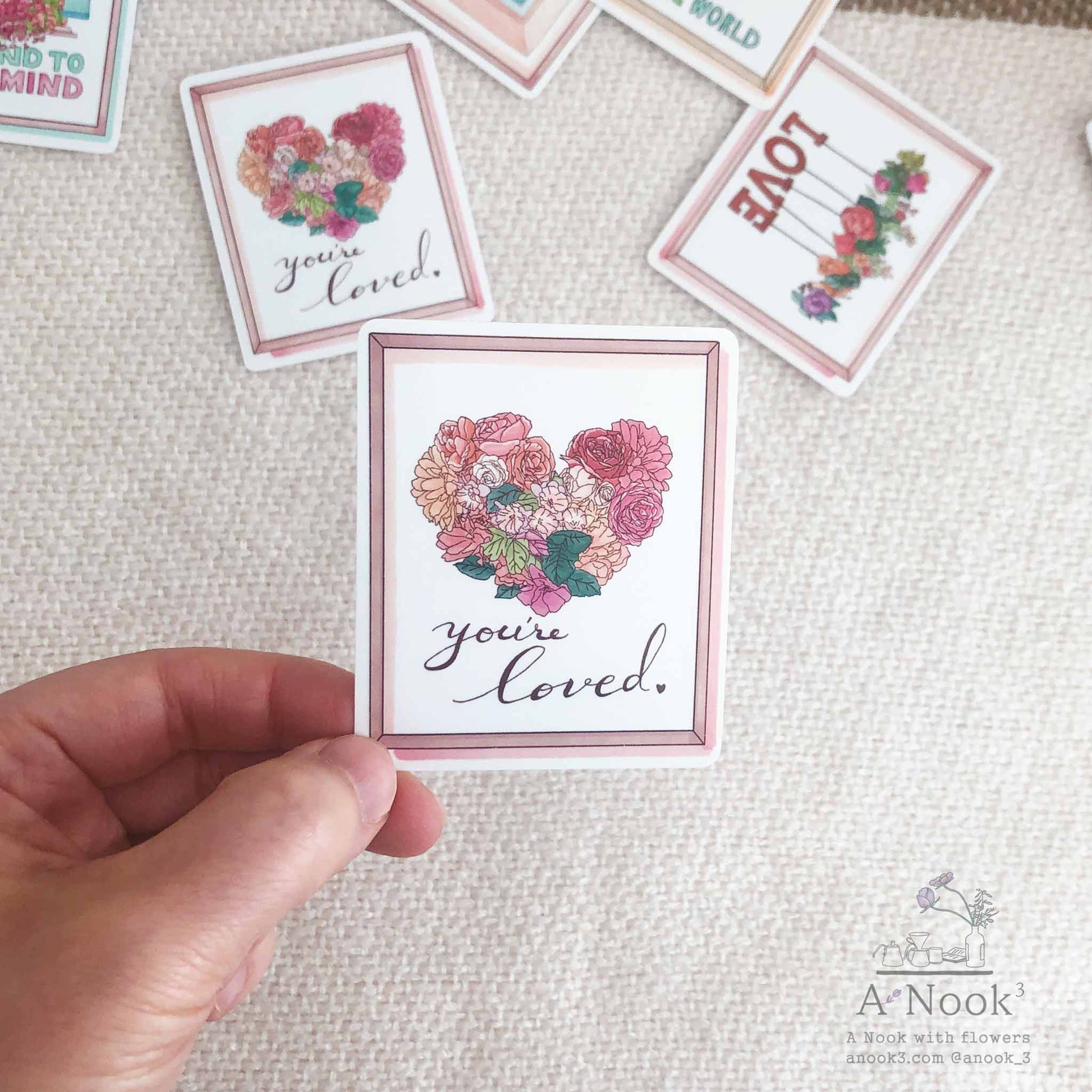 Our You are loved & LOVE die-cut weatherproof stickers are hand drawn in watercolor and will be a lovely touch to your laptop, phone case, suitcase, mirror, planners, bullet Journal or notebook