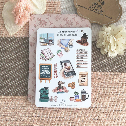 In my Favorite Local Coffee Shop sticker sheet delivers Coffee smell and local cafe charm to your bullet journal. It will also make a little cute gift for your loved ones who love  coffee, books, journaling, small local coffee shop vibe!   