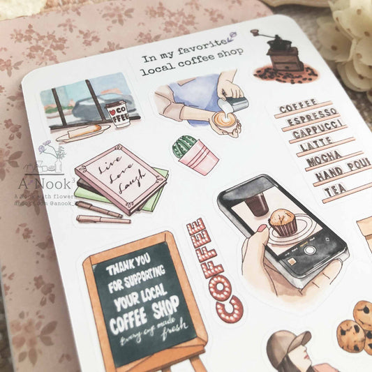 In my Favorite Local Coffee Shop sticker sheet delivers Coffee smell and local cafe charm to your bullet journal. It will also make a little cute gift for your loved ones who love  coffee, books, journaling, small local coffee shop vibe!   