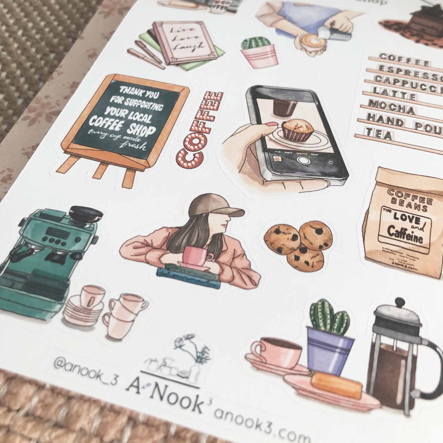 In my Favorite Local Coffee Shop sticker sheet delivers Coffee smell and local cafe charm to your bullet journal. It will also make a little cute gift for your loved ones who love  coffee, books, journaling, small local coffee shop vibe!   