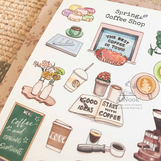 Spring Coffee Shop sticker sheet delivers warm spring colors and coffee smell to your bullet journal, planner or scrapbook. It will also make a little cute gift for your loved ones who love spring, coffee, books, journaling, coffee shop vibe!   